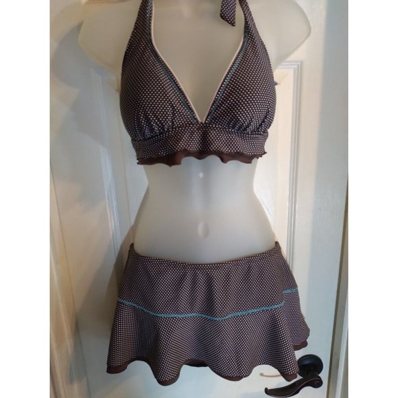 VM Swimsuit 3 Pc Halter Top Bikini Bottom & Skirted Bottom Sz M Brown - Picture 7 of 11